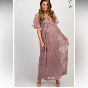 Pink Blush Mauve Mesh Lace Overlay Maternity Dress. Size Medium.